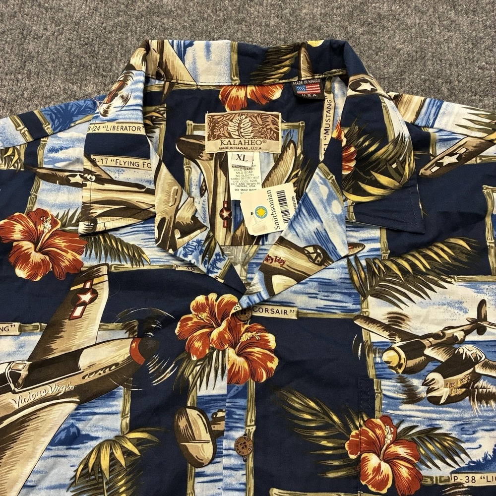 Vintage Kalaheo Hawaiian Shirt Mens XL World War II Aircraft Hibiscus Flower